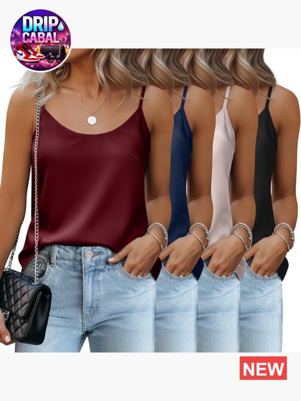 4 Pack Silk Satin Tank Tops Camisole Sleeveless Adjustable Straps Crewneck Cami